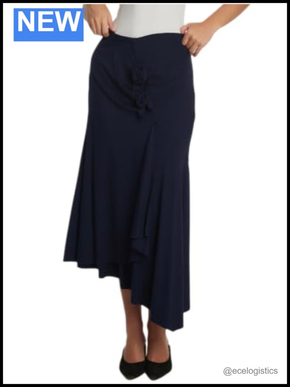 Ruffle Flowy Asymmetrical Maxi Skirt Navy Slim Fit